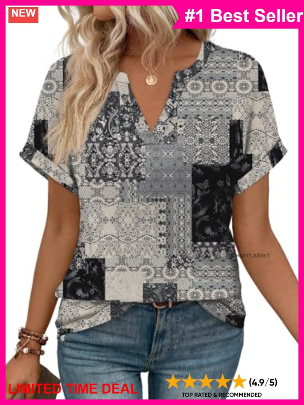 Womens V-Neck Short Sleeve Blouse Loose Fit Tunic Top Casual Summer